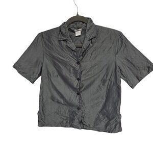 Dosa Metallic Charcoal Grey Crinkle Short Sleeve Button Down Shirt Size 1